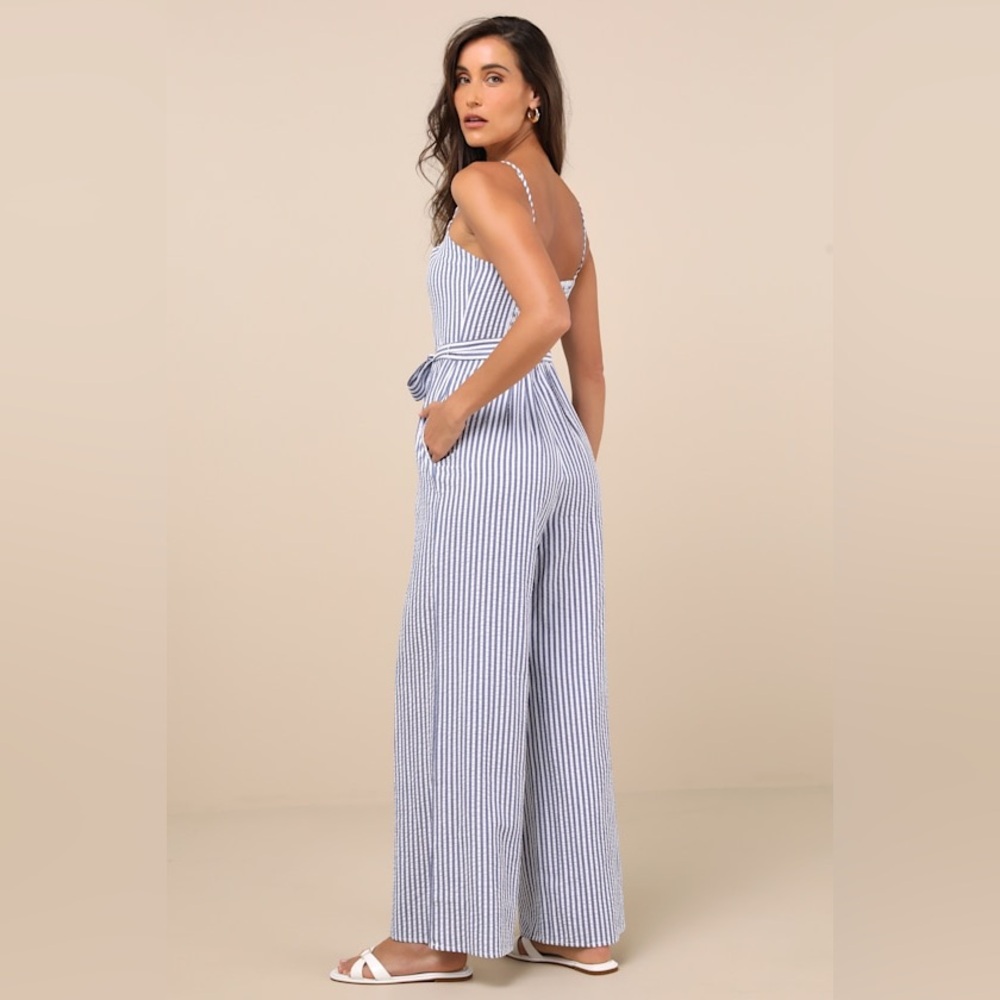 NWT Lulus Messina Blue Striped Wide-Leg Jumpsuit XL - Picture 2 of 10
